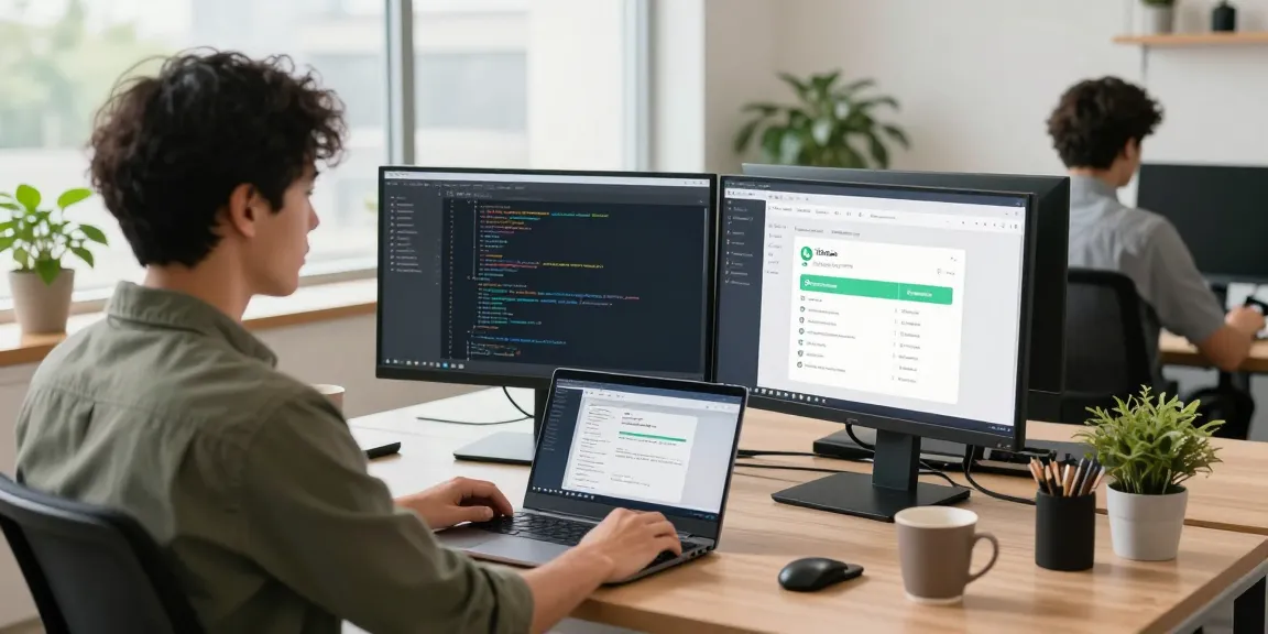 WhatsApp下載 in a modern workspace environment featuring a developer using technology.