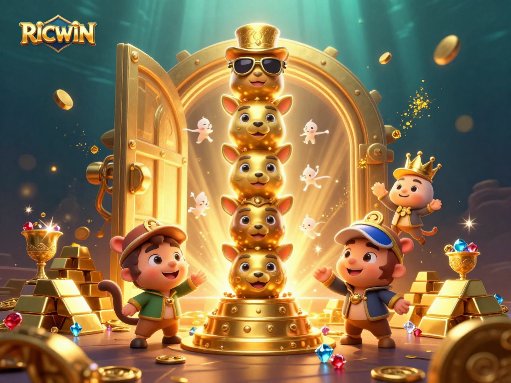 Experience excitement with RICWIN’s colorful totem pole illustration, embodying fun and wealth.