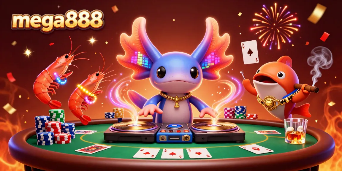 Mega888 dan permainan slot dalam talian yang menarik, dengan suasana yang ceria dan berwarna-warni.