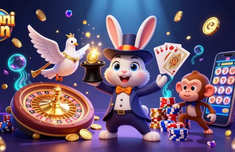 Dhani win platform showcases a vibrant 3D scene with characters engaged in casino games, featuring golden coins and poker chips.