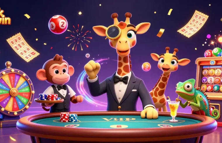 Link Sunwin showcases a vibrant scene of gambling excitement with a giraffe, monkey, and chameleon in celebration.