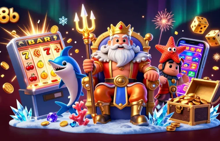 Experience thrilling wins at alo8b with a 3D casino illustration featuring Neptune and slots bursting with coins.